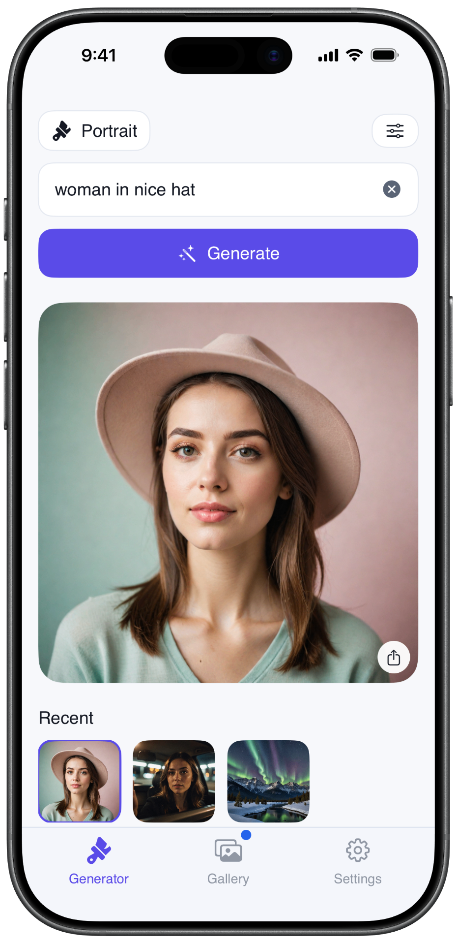 LocalGen local AI image generator app showing Portrait mode, a text prompt and generated image on iPhone