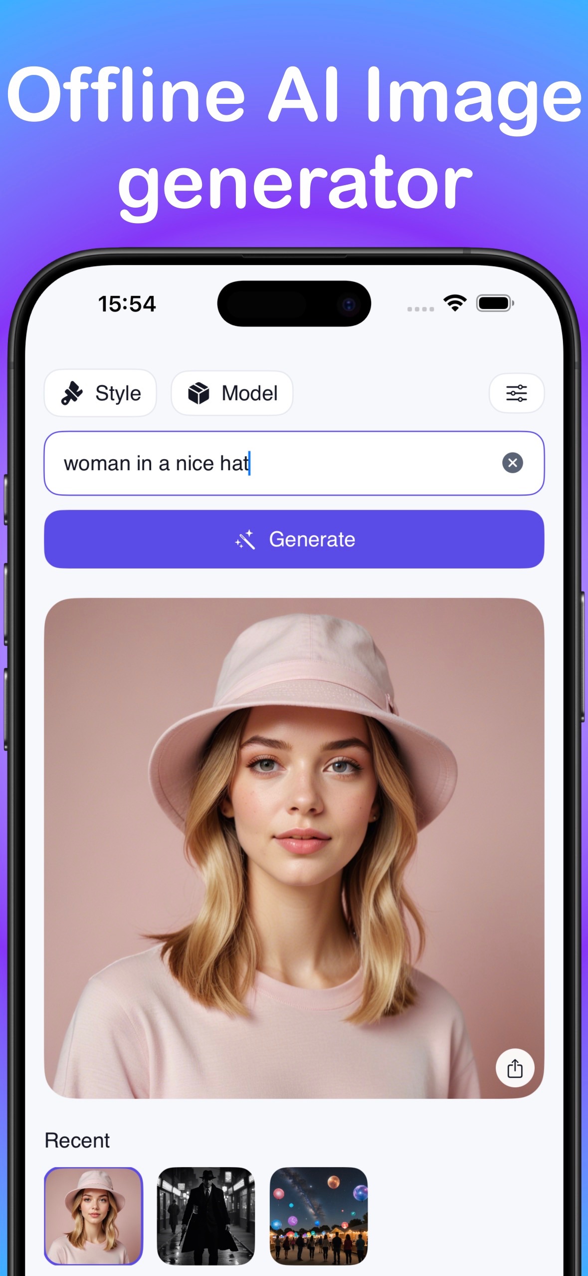 LocalGen local AI image generator app with a portrait prompt on iPhone