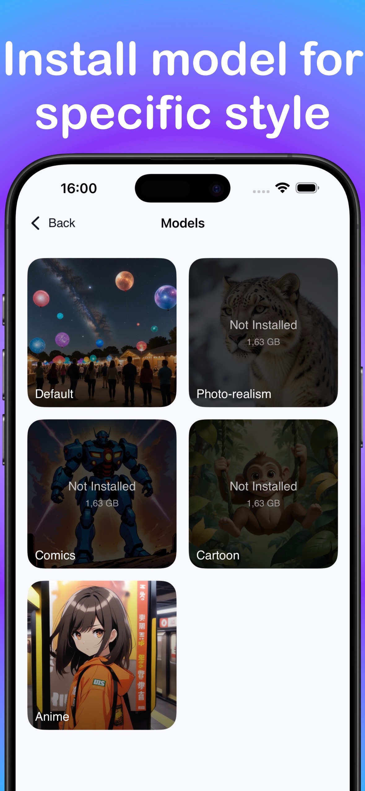 LocalGen on-device Stable Diffusion model library on iPhone with an Install model workflow