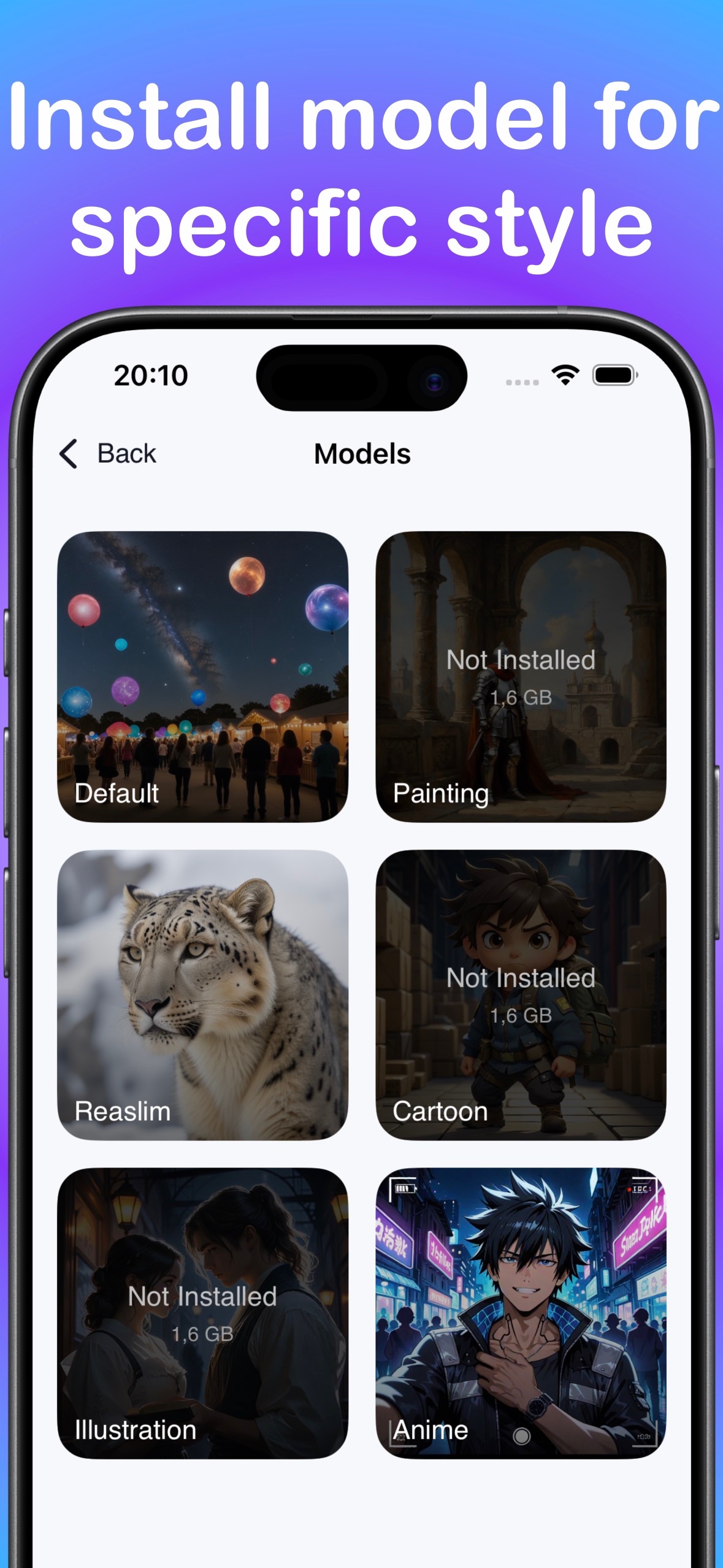 LocalGen model choices on iPhone for Painting, Realism, Cartoon, Illustration and Anime AI images